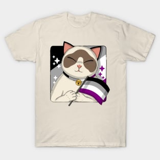 Cute Ragdoll Cat Holding Asexual Pride Flag T-Shirt